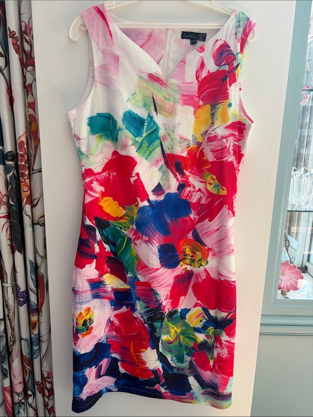 Studio One White Midi Dress with Pink, Blue, Green & Yellow Brushstroke Print